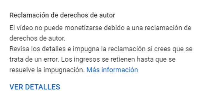 Mensaje reclamación youTube