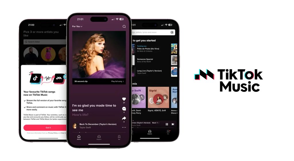 Portada mockup tres móviles TikTok Music